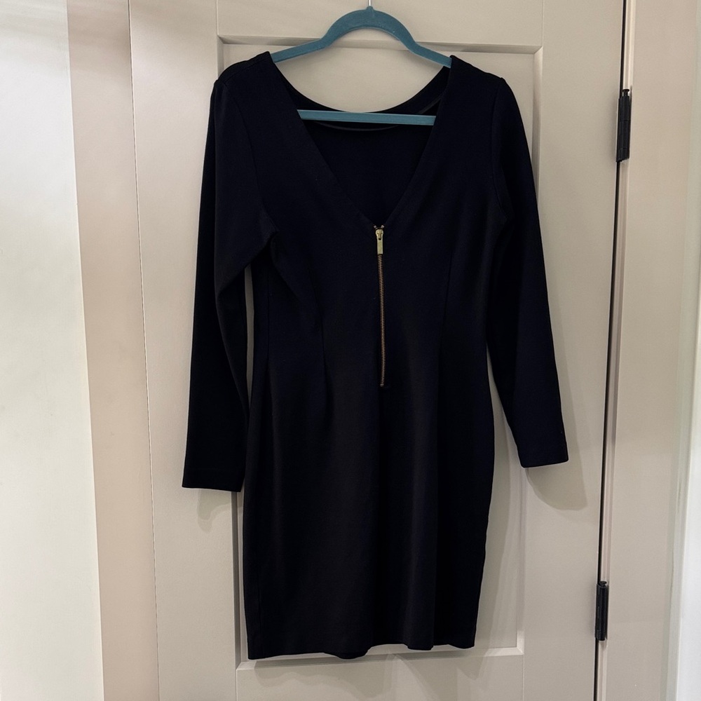 Classic little black dress with V-Neck Gold Zip in the back